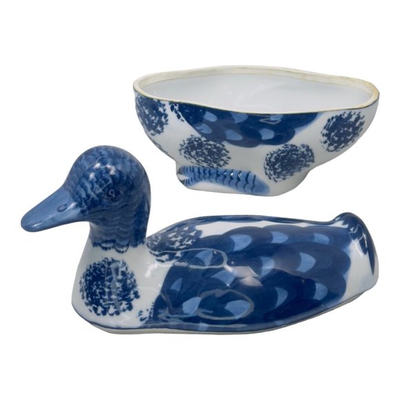 Ceramic Hand Painted Vintage 1960's Duck Shaped Trinket Box Blue & White - Picture 2 of 11
